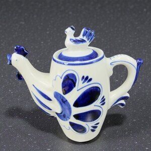 Vintage Gzhel Hand Painted Ceramic Teapot Blue White Chicken Shaped Carafe Jug